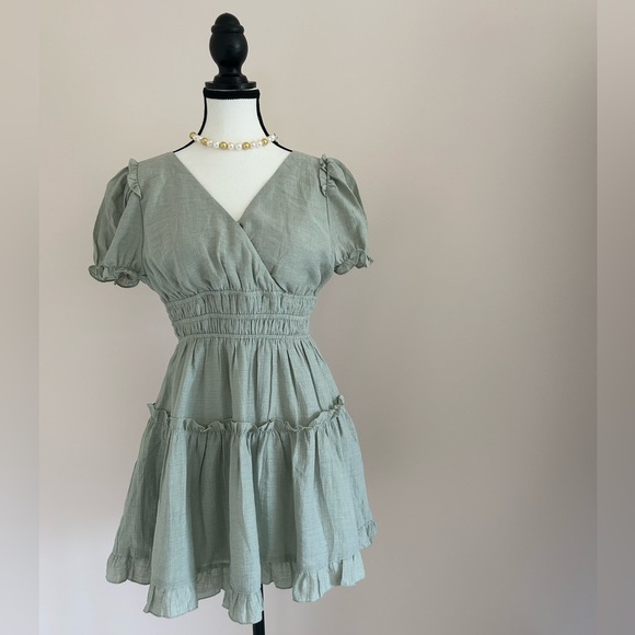 NEW Chic Sage Green Ruffle Mini Dress - Picture 5 of 10